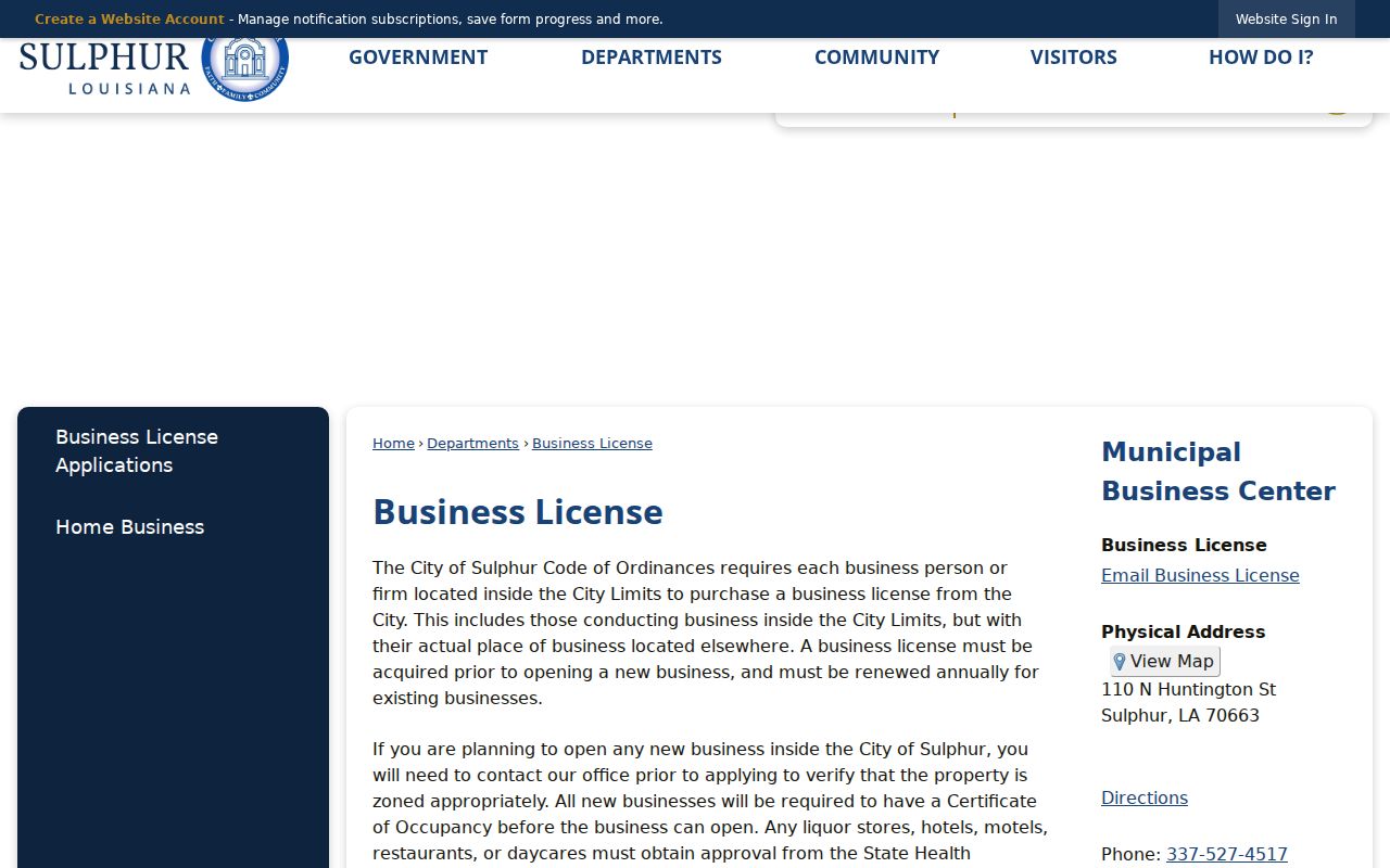 City of Sulphur business license information page