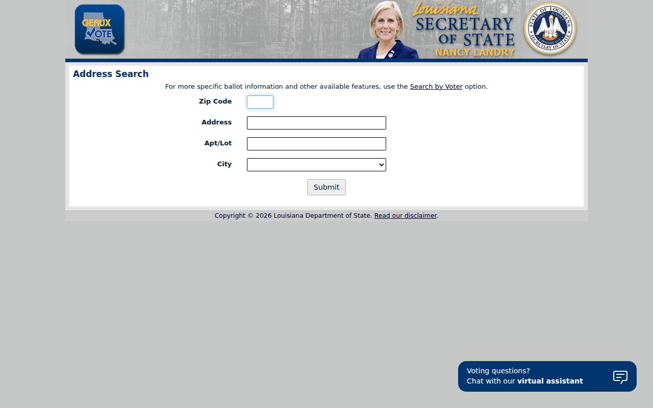 Louisiana Voter Portal address lookup fields for a Sulphur resident search