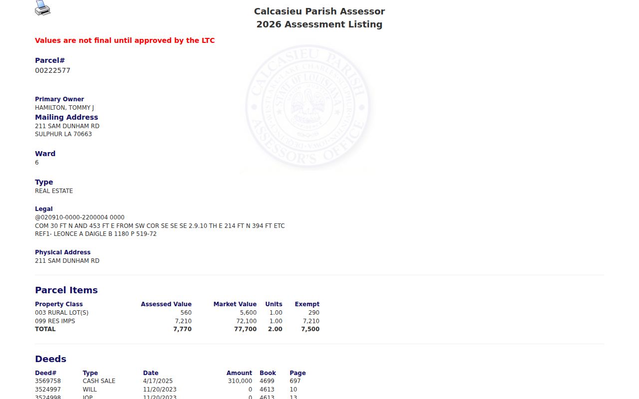 Calcasieu Parish Assessor parcel detail fields used for a Sulphur street search