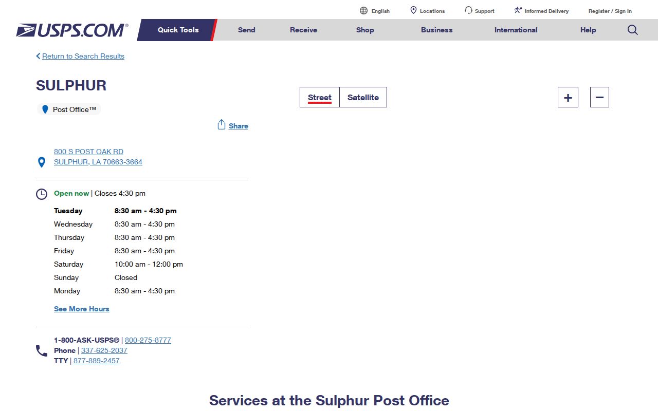 USPS Sulphur Post Office details for ZIP code 70663